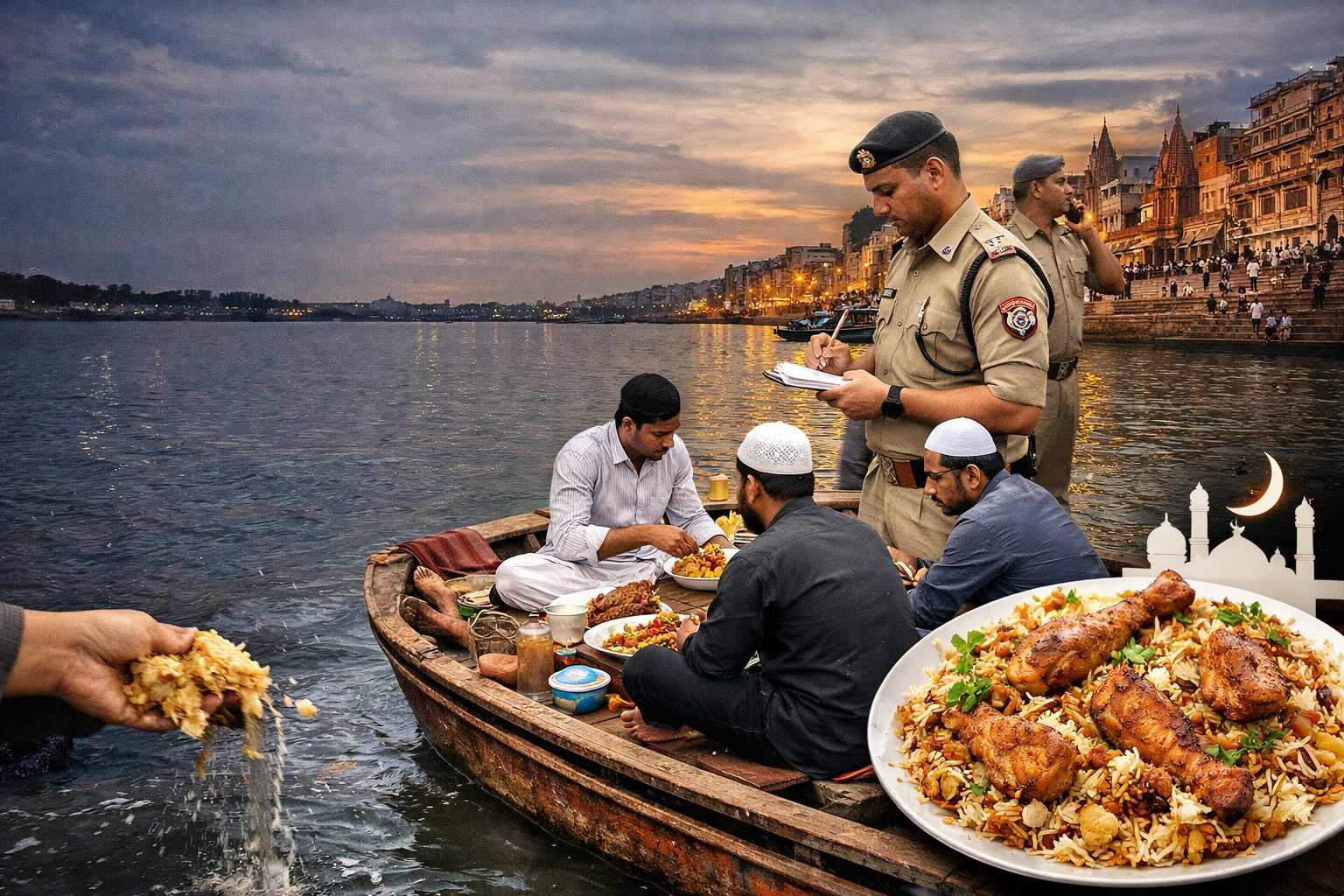 वाराणसी में गंगा नदी के बीच नाव पर इफ्तार पार्टी